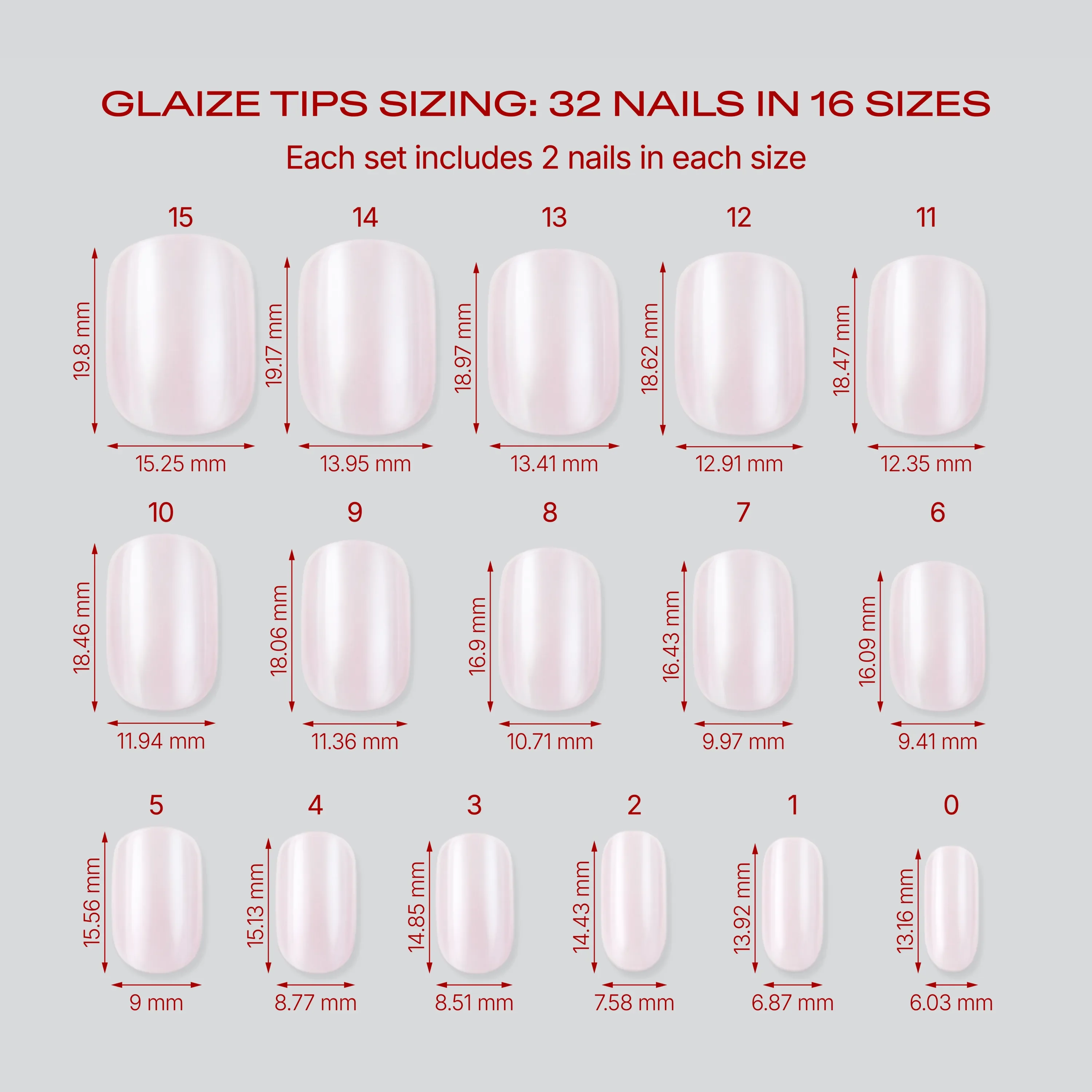 Glaize Tips sizing chart