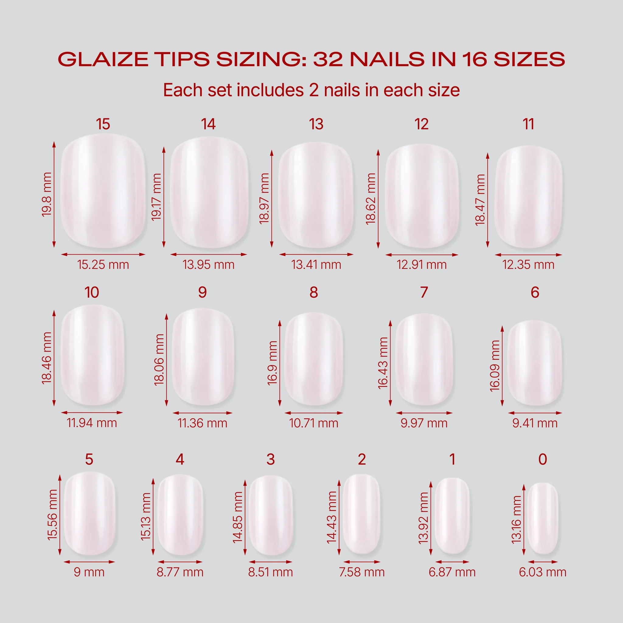 Glaize Tips sizing chart