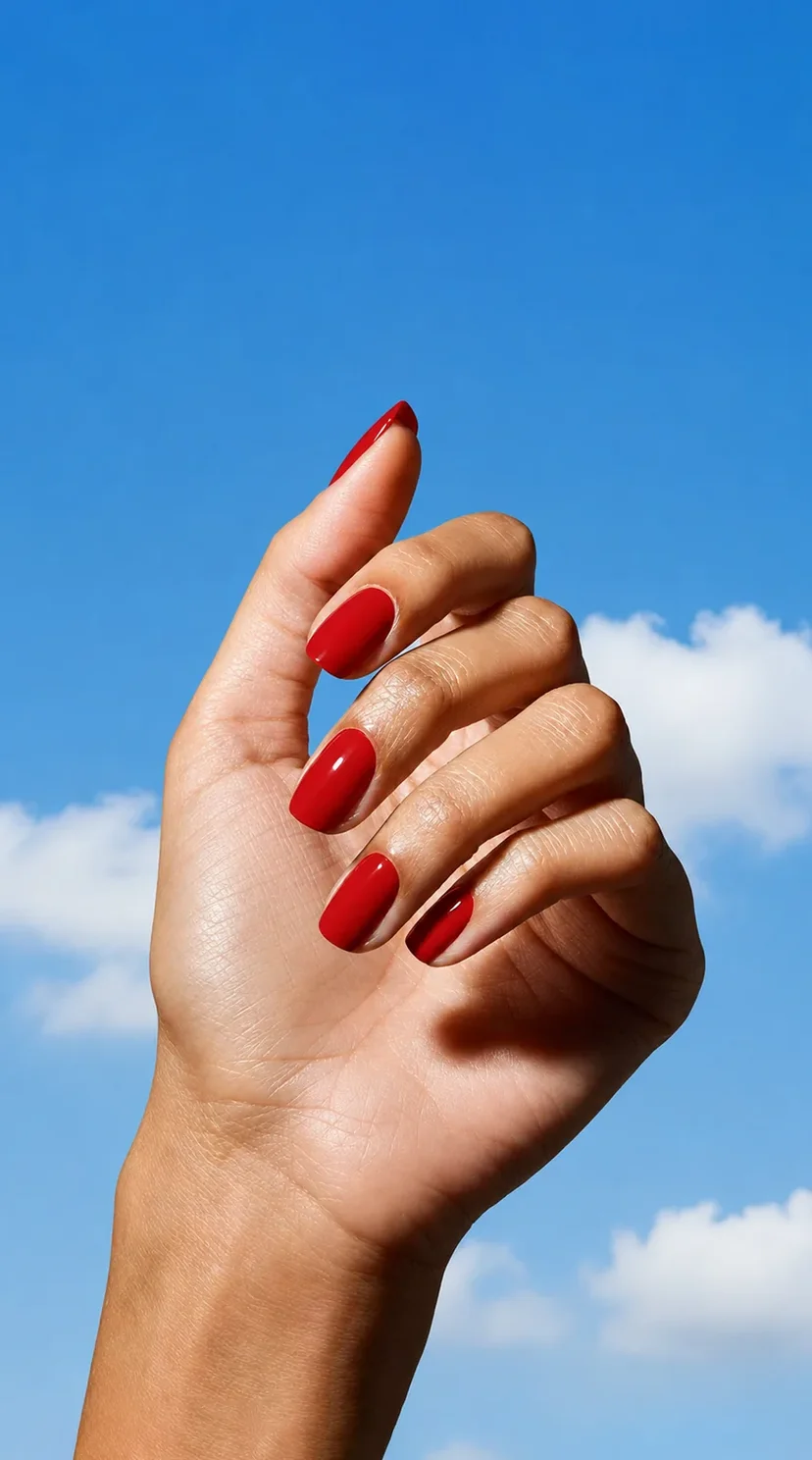 A hand with a Glaize stick-on gel manicure in deep red against a blue sky background
